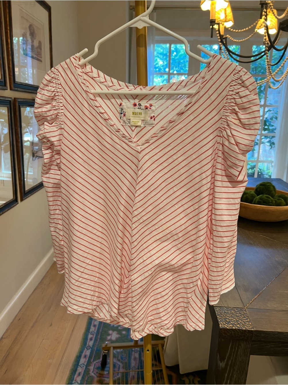 Anthropologie Striped V-Neck Puff Sleeve Top in White and Red